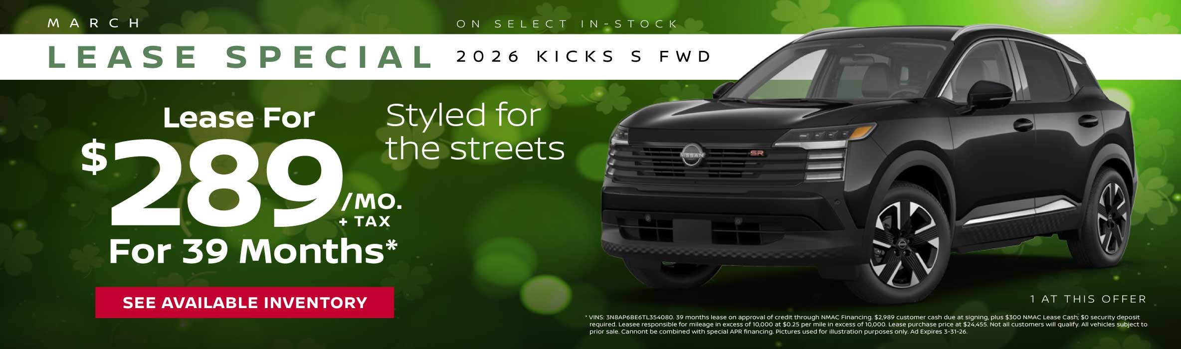 March Lease Special 2026 Kicks S FWD