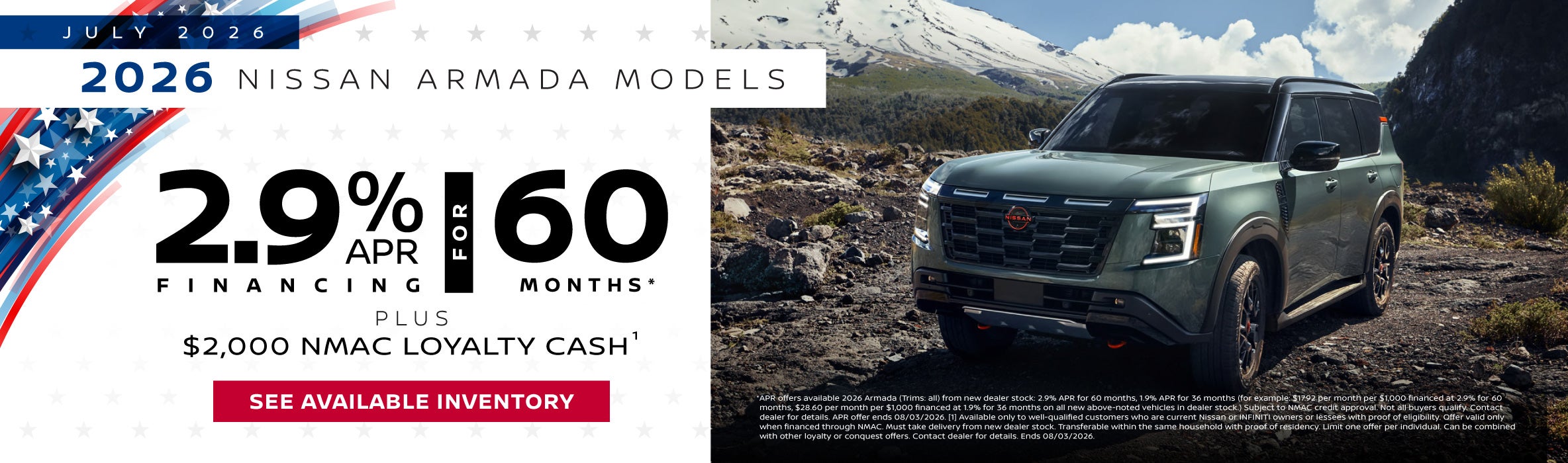 2.9% APR Financing for 60 Months on all 2026 Armada Models