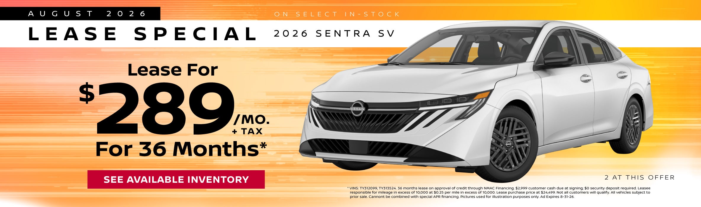 Sentra Lease Special for $289/mo+tax for 36 months